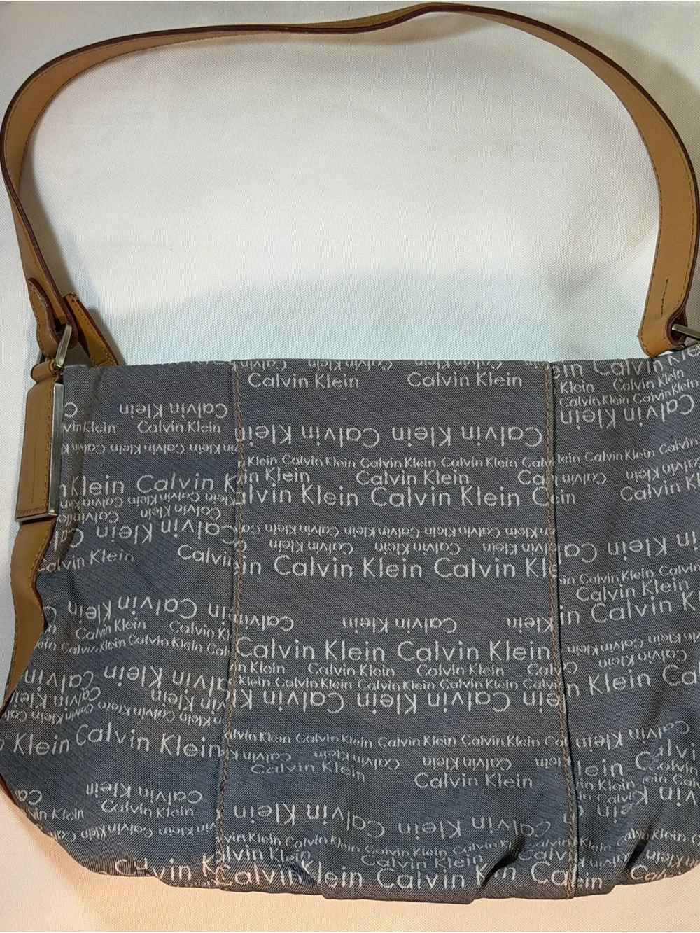 Calvin Klein Gray Logo Messenger Bag with Tan Strap